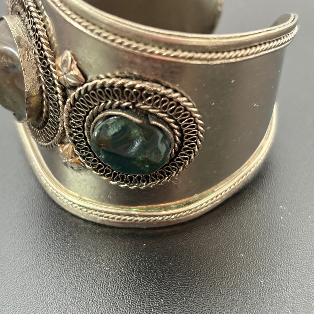 Unbranded Women Cuff Bracelet OS Silver Green‎ Moss Agate Filigree Vintage Style - Picture 9 of 13